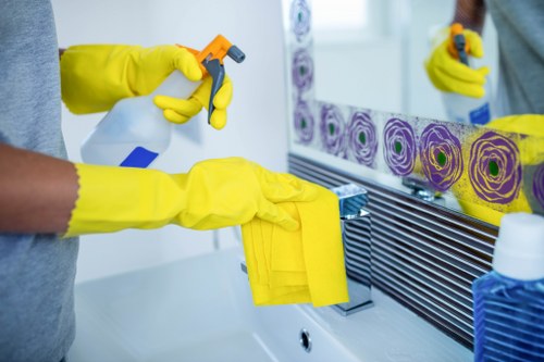 Domestic cleaner working in a modern Westminster flat kitchen
